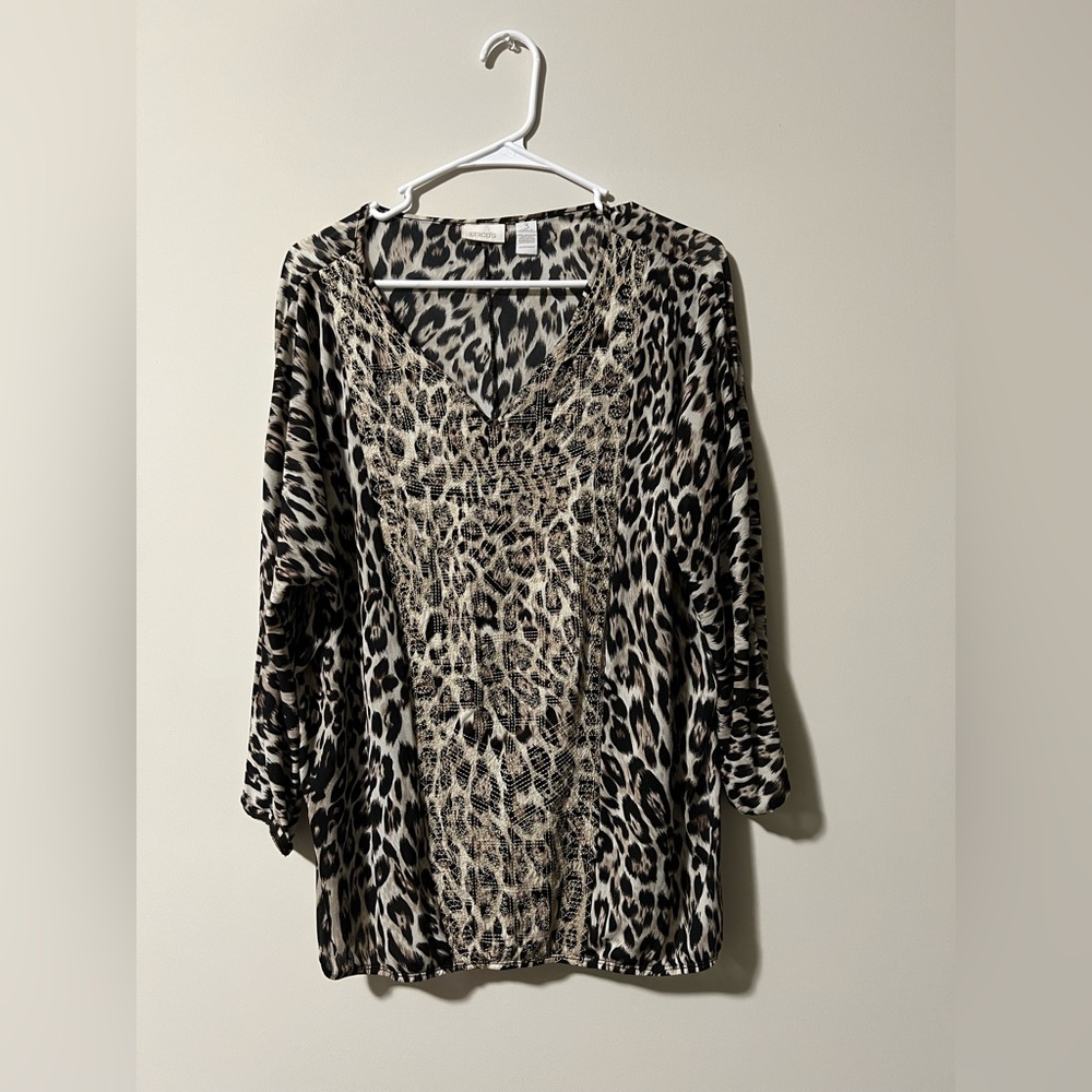 Chicos Women’s Leopard Cheetah Print 3/4 Sleeve Top Size 3